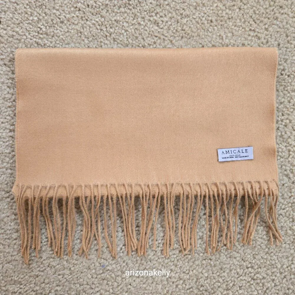 NWOT Amicale 100% Silk Scarf Soft Nap Like Cashmere Camel Tan